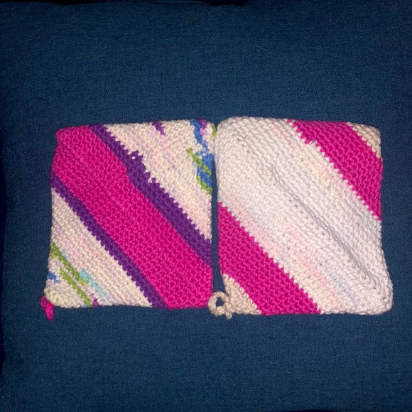 One pair of pink, purple, green, white, and blue striped potholders - Picture 2 of 7